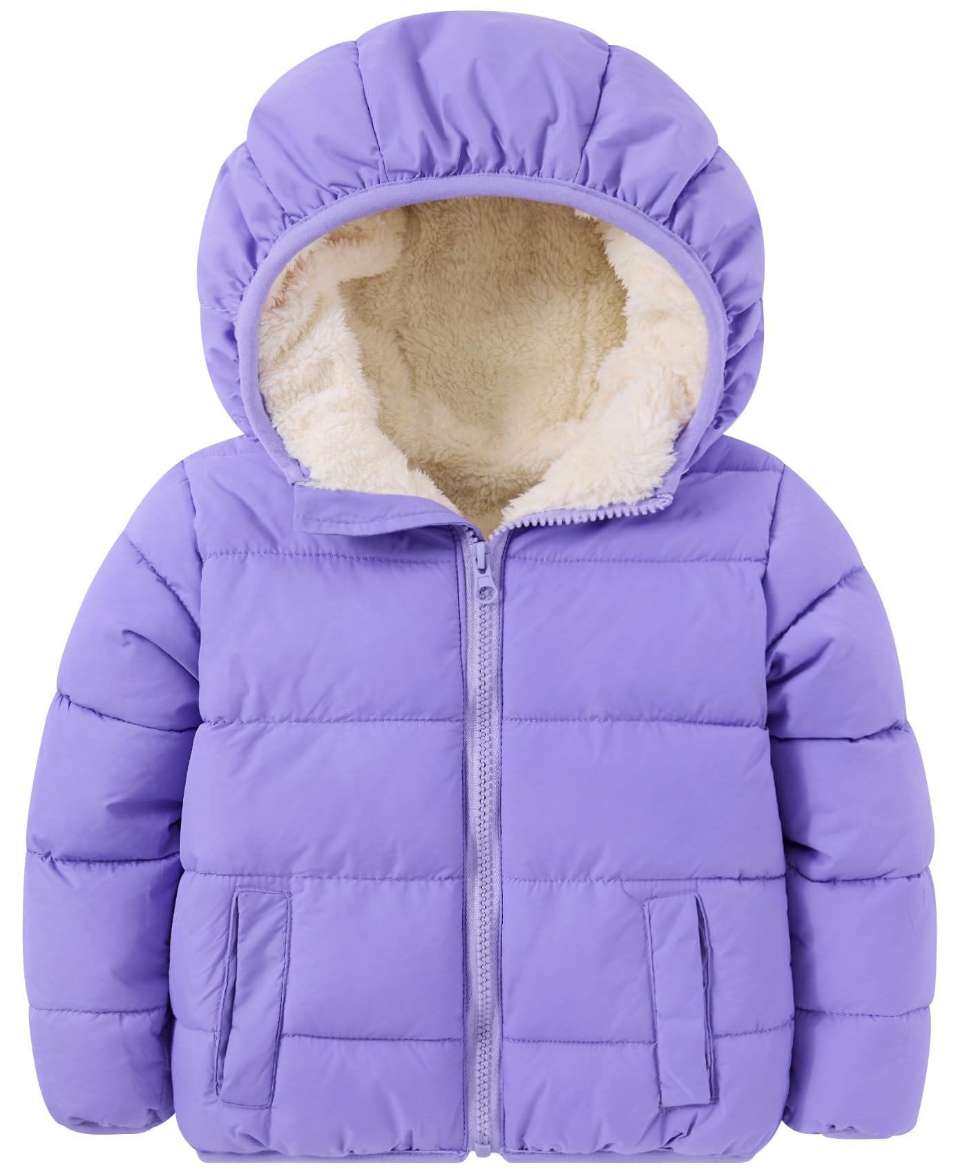 Kids purple hooded puffer jacket with lightweight insulation and quilted design for comfortable cold-weather everyday wear.