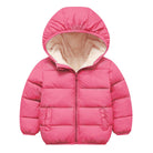 Kids raspberry pink hooded puffer jacket with warm quilted design and zip-front closure for cold-weather everyday wear.