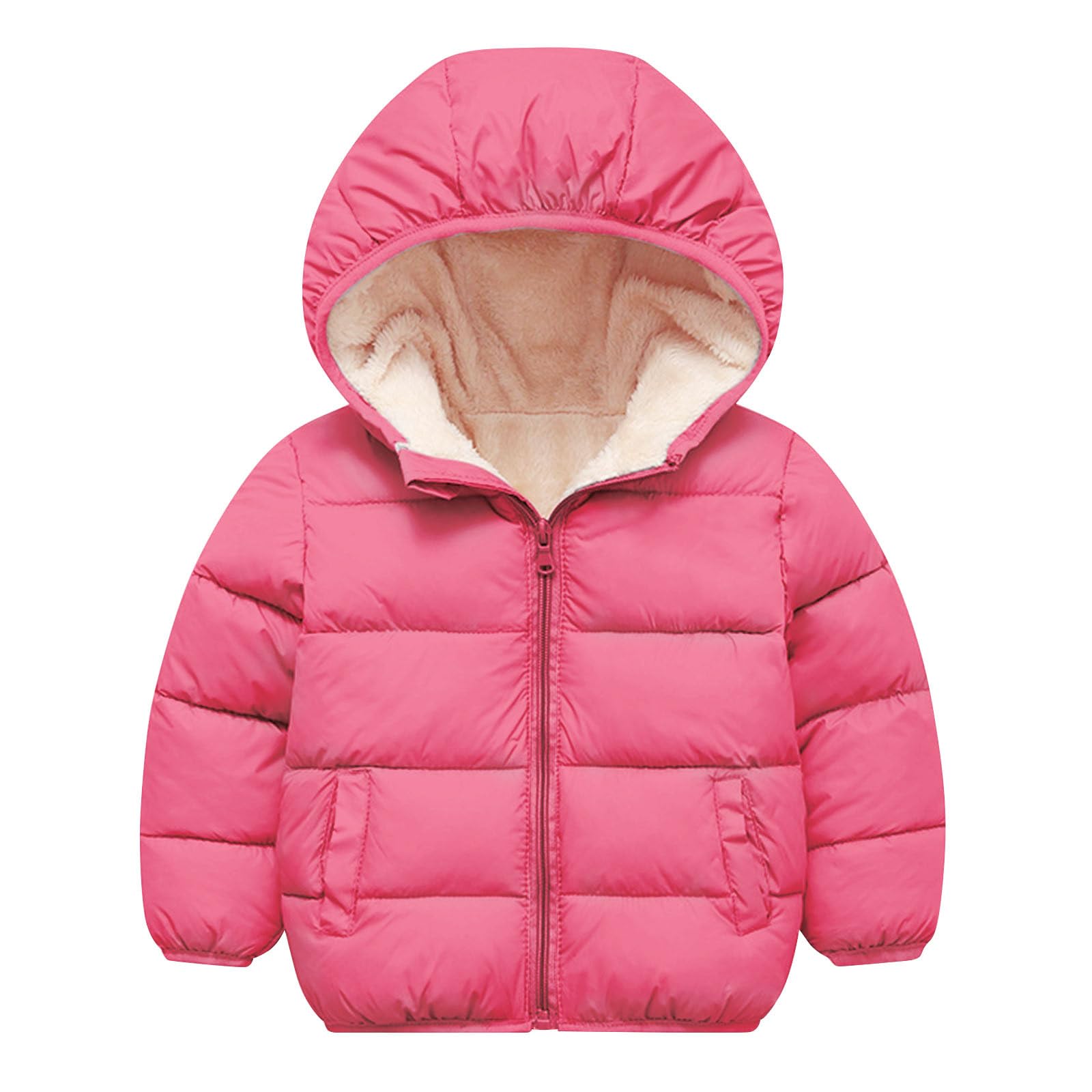 Kids raspberry pink hooded puffer jacket with warm quilted design and zip-front closure for cold-weather everyday wear.