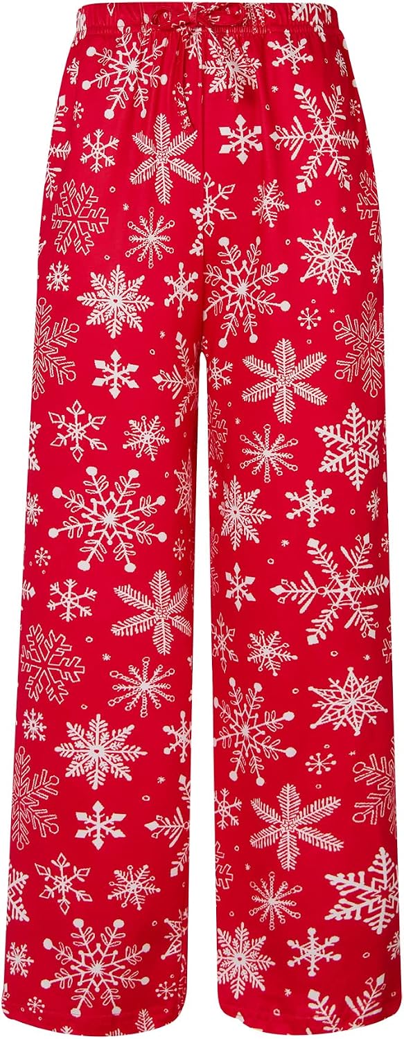 Kids red snowflake print pajama pants with elastic drawstring waist and cozy full-length design for Christmas and winter sleepwear.