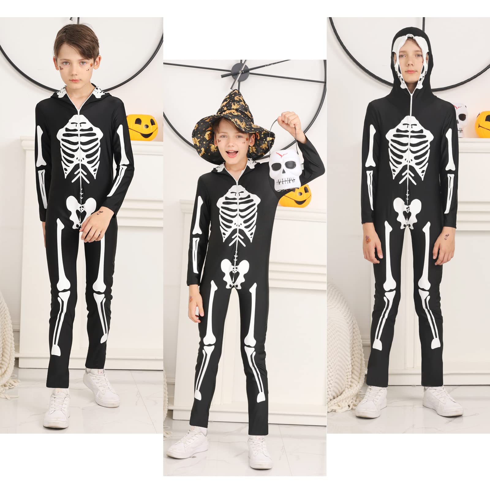 Kids wearing matching black skeleton jumpsuits together, showing the full-body bone print and Halloween costume styling.