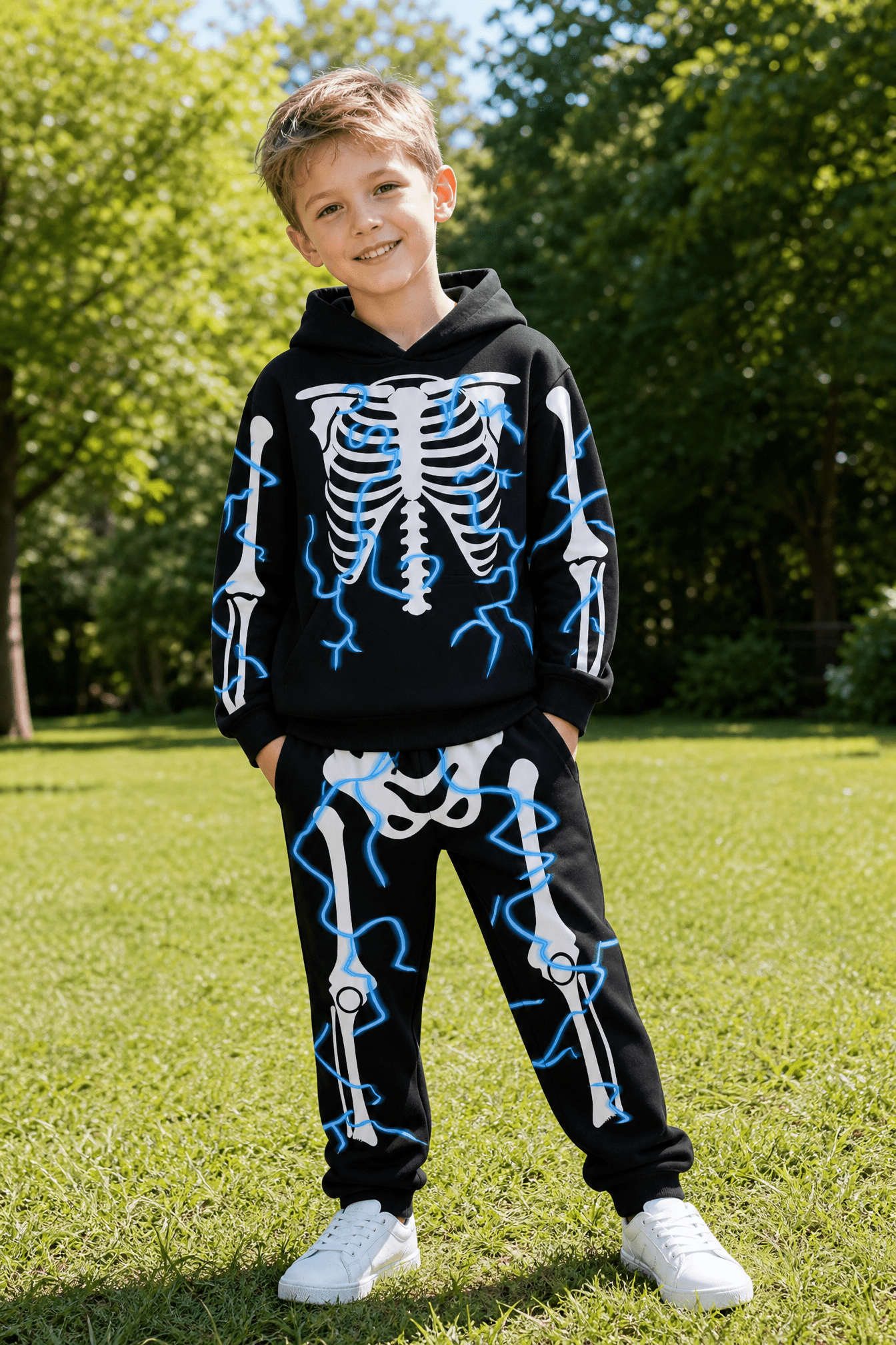 Child wearing a black glow in the dark skeleton costume set outdoors, showing the hooded top and matching skeleton print pants.
