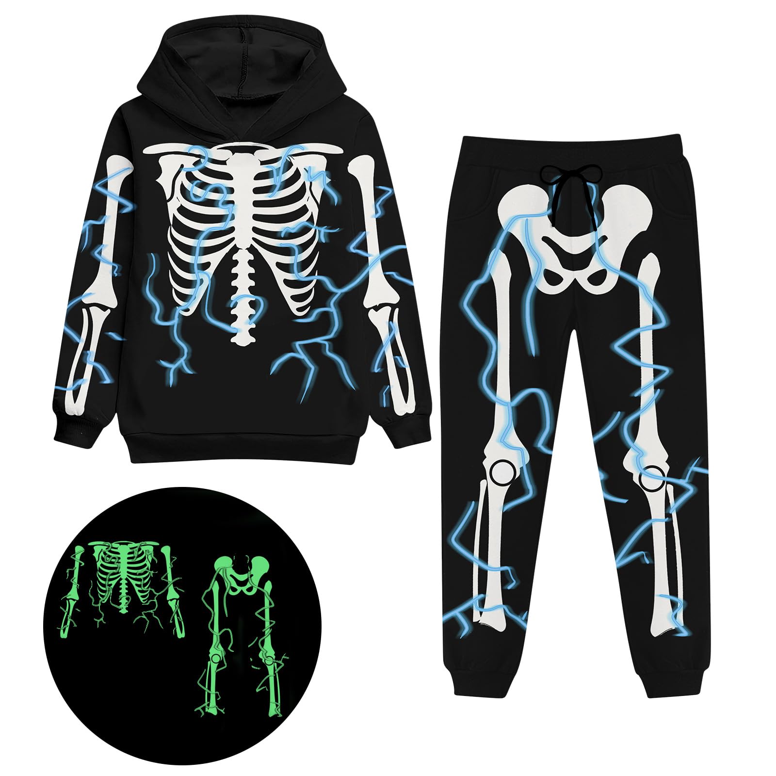 Kids black skeleton costume set showing the hooded pullover top and matching long pants with glow in the dark bone graphics.