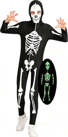 Child wearing a black glow in the dark skeleton jumpsuit with hood, full zipper and printed bone design for Halloween and costume parties.