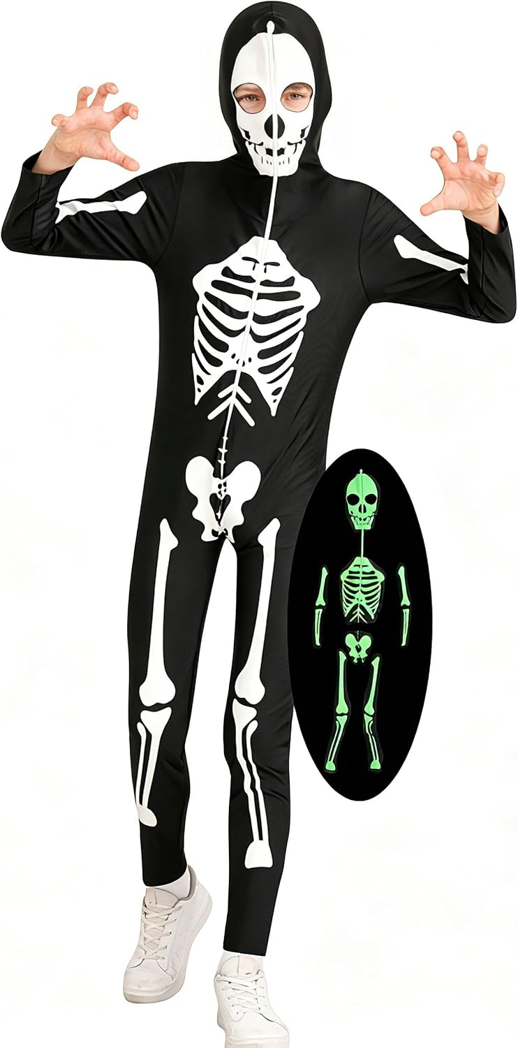 Child wearing a black glow in the dark skeleton jumpsuit with hood, full zipper and printed bone design for Halloween and costume parties.