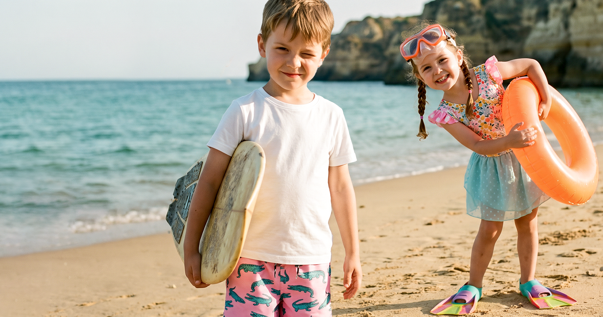 Boy and girl wearing colorful summer swimwear at the beach, showcasing kids vacation outfits for swimming and outdoor play.