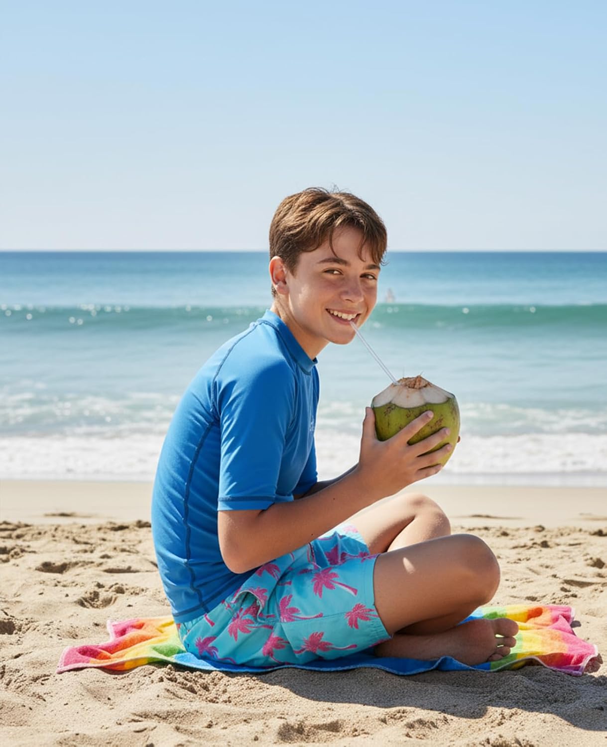 boy wearing printed swim shorts enjoying a beach vacation by the ocean