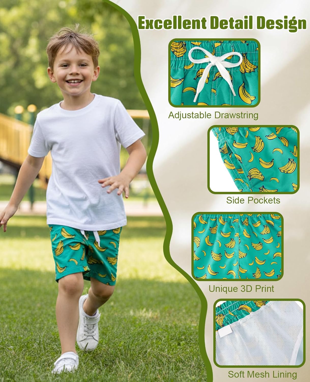 boy wearing lightweight tropical swim trunks for beach vacations and swimming