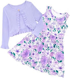 Girls lavender floral dress with matching cardigan featuring soft purple flower patterns.