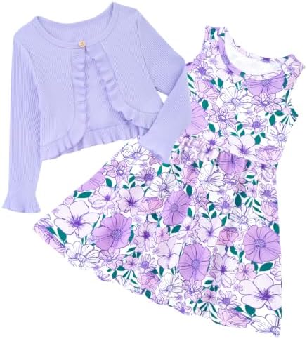 Girls lavender floral dress with matching cardigan featuring soft purple flower patterns.