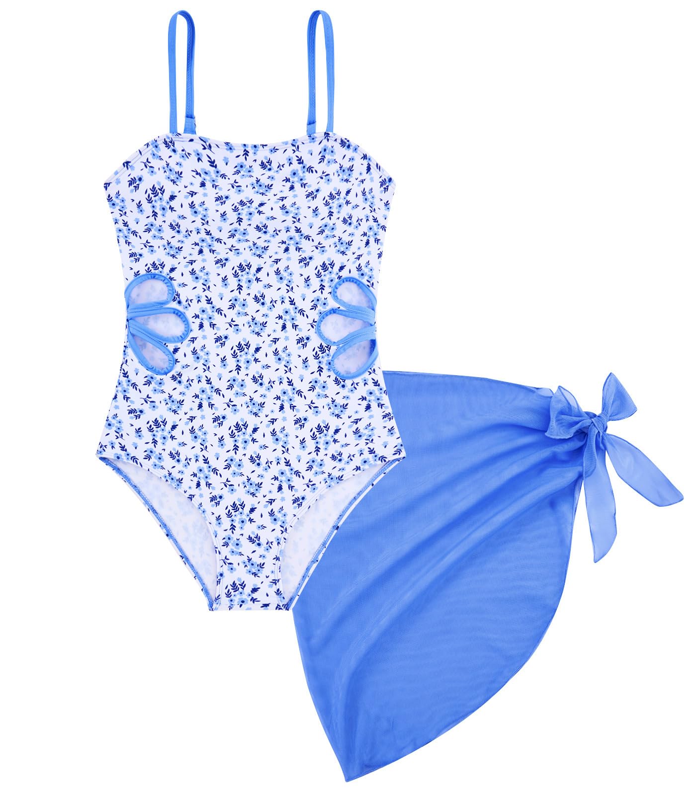 light blue floral girls one piece swimsuit with matching beach skirt