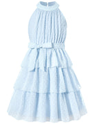 light blue girls swiss dot party dress with layered skirt