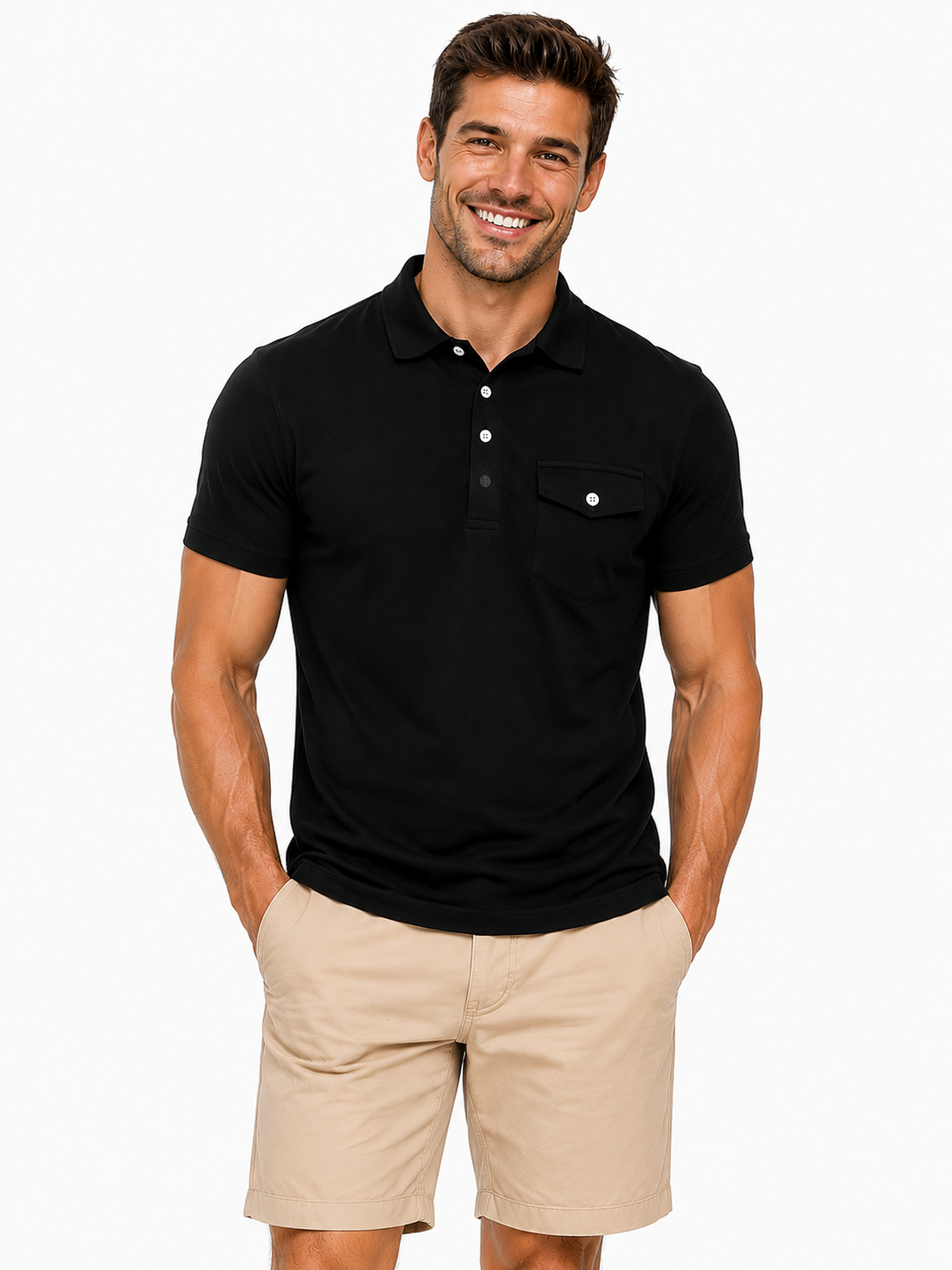 Man wearing a black performance polo shirt with stretch fabric, classic collar and comfortable fit for golf and everyday wear.