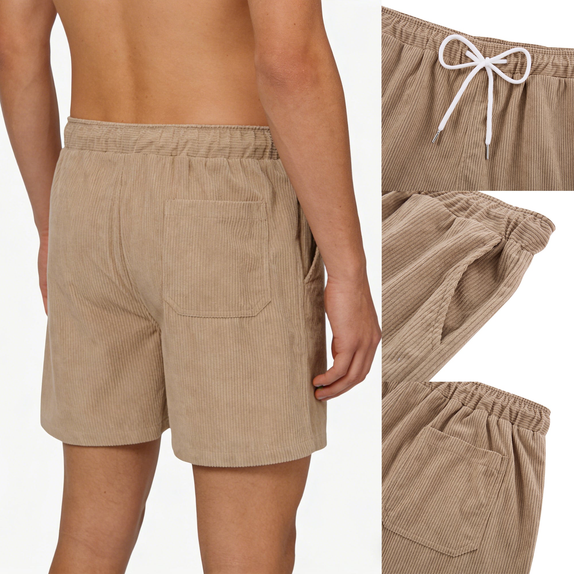 Back view of men's linen blend shorts featuring relaxed silhouette and comfortable design for everyday summer outfits.