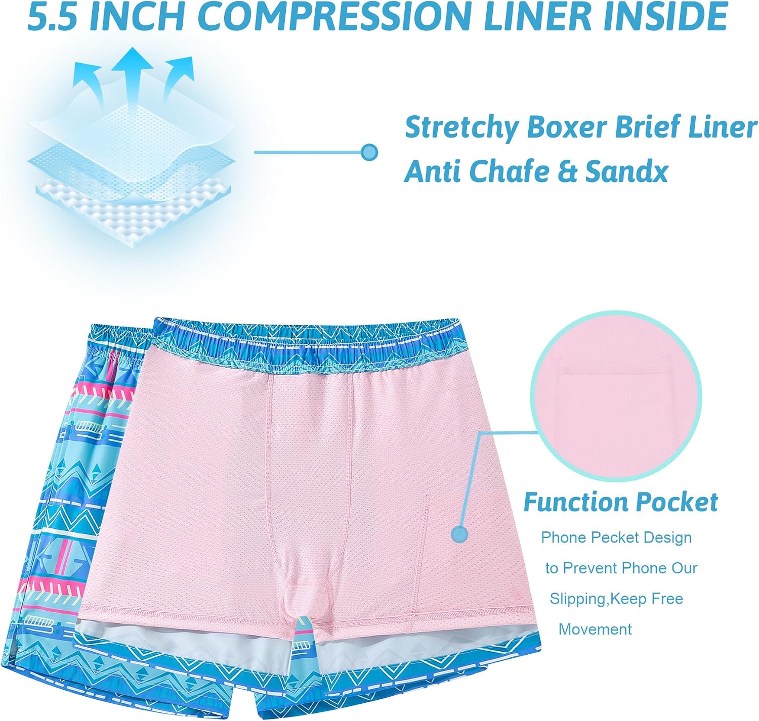 Product detail of men's 2-in-1 swim trunks showing the blue printed outer shorts and supportive contrast compression liner.
