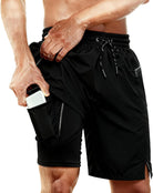 Black men's 2-in-1 workout shorts with built-in compression liner and phone pocket.
