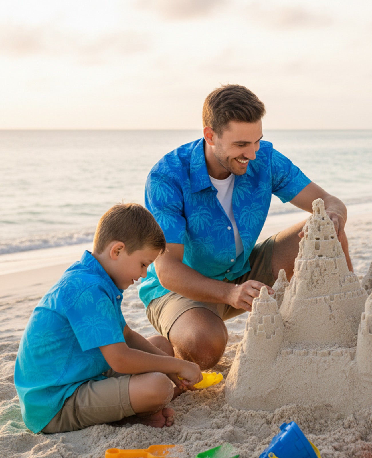 Man wearing a lightweight tropical shirt while spending time on the beach with family.