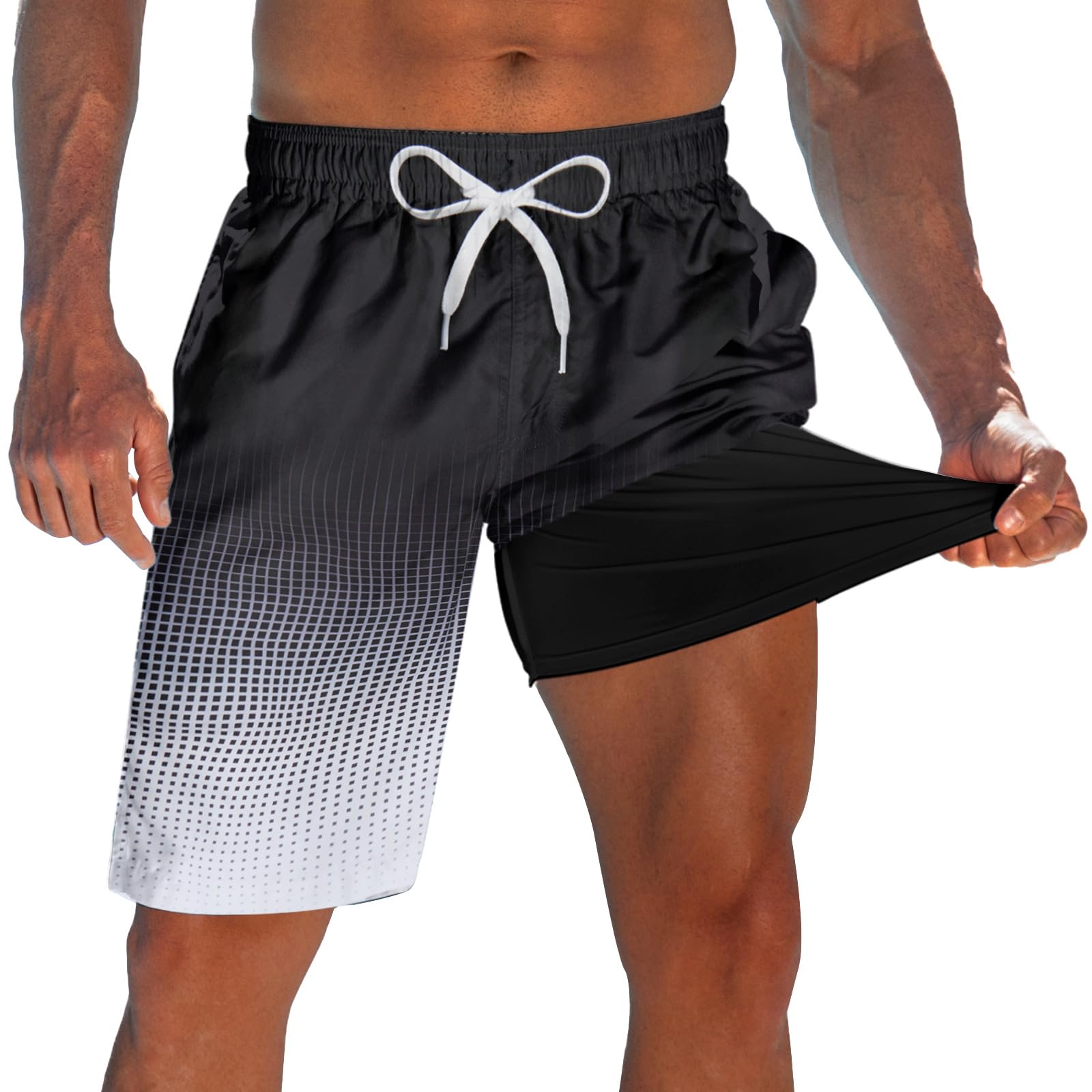 Men's black 2-in-1 swim trunks with built-in compression liner and adjustable drawstring waist for beach, pool and active summer wear.