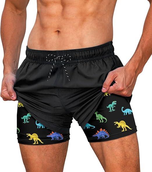 Men's black 2-in-1 swim trunks with drawstring waist and colorful dinosaur print compression liner, designed for swimming, beach trips and active summer wear.