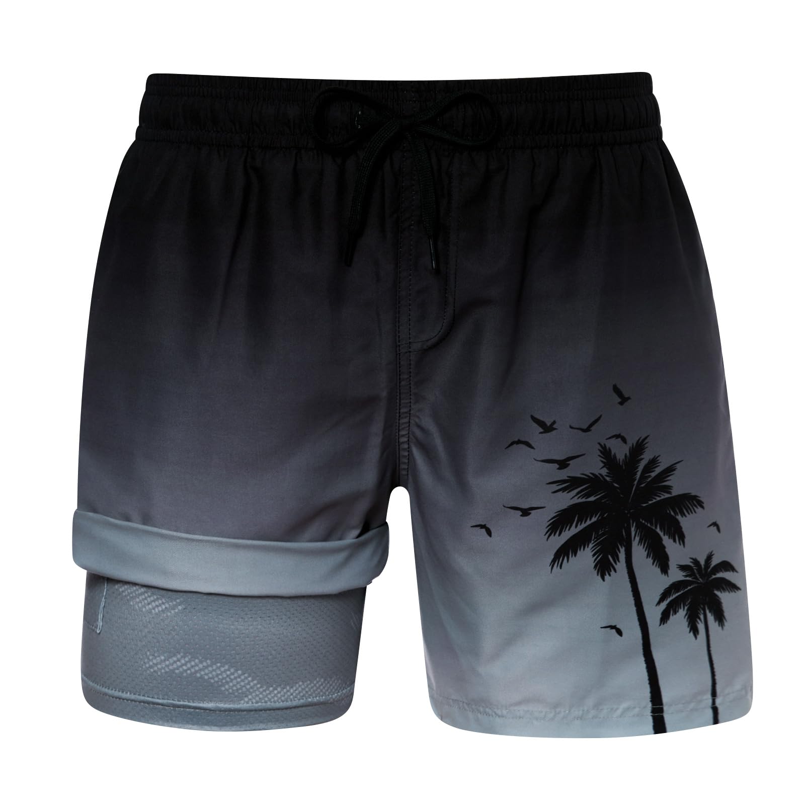 Men's black gradient 2-in-1 swim trunks with palm tree detail, built-in compression liner and drawstring waist for summer wear.