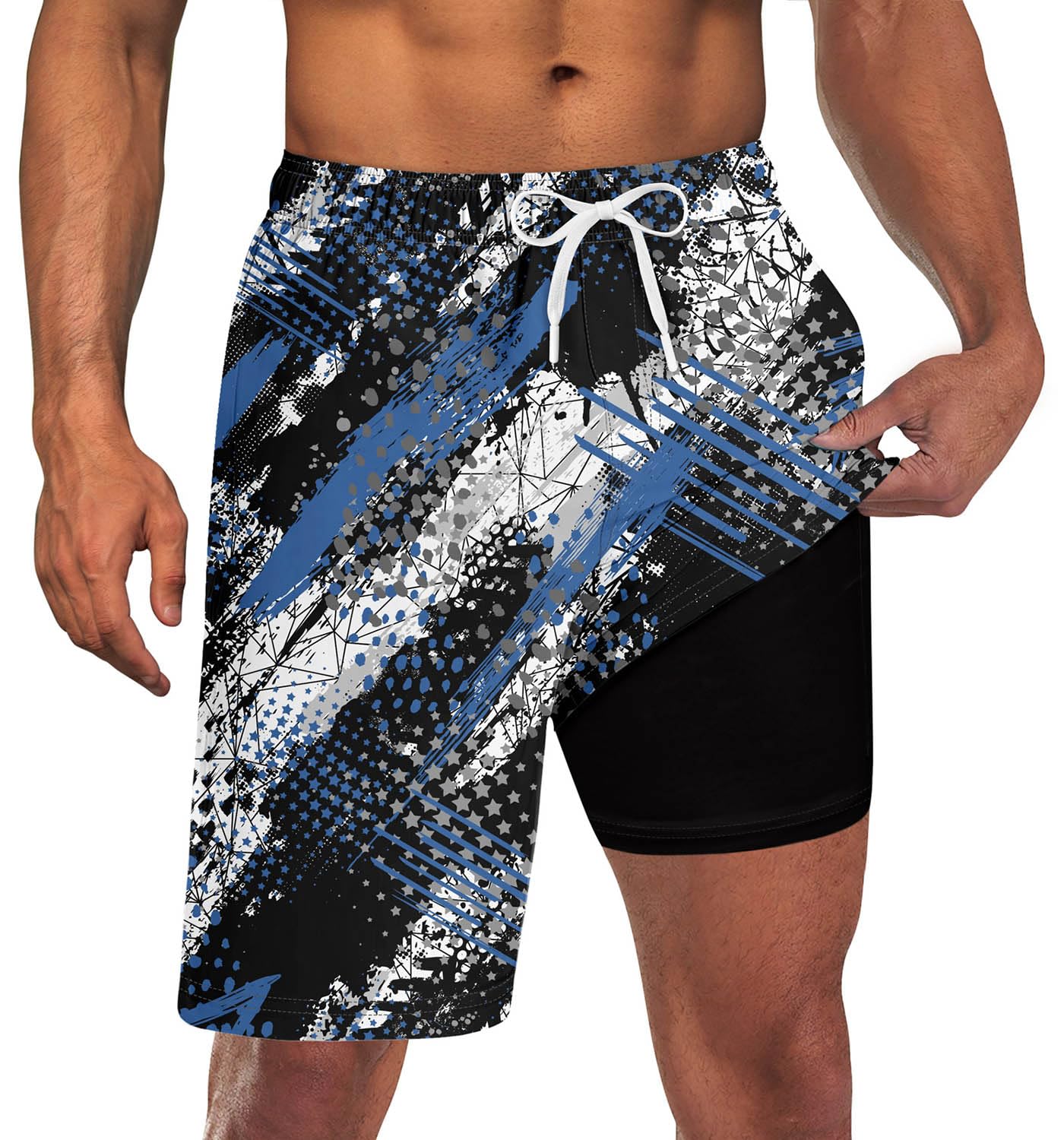 Men's black graffiti print 2-in-1 swim trunks with compression liner, drawstring waist and quick-dry design for summer wear.