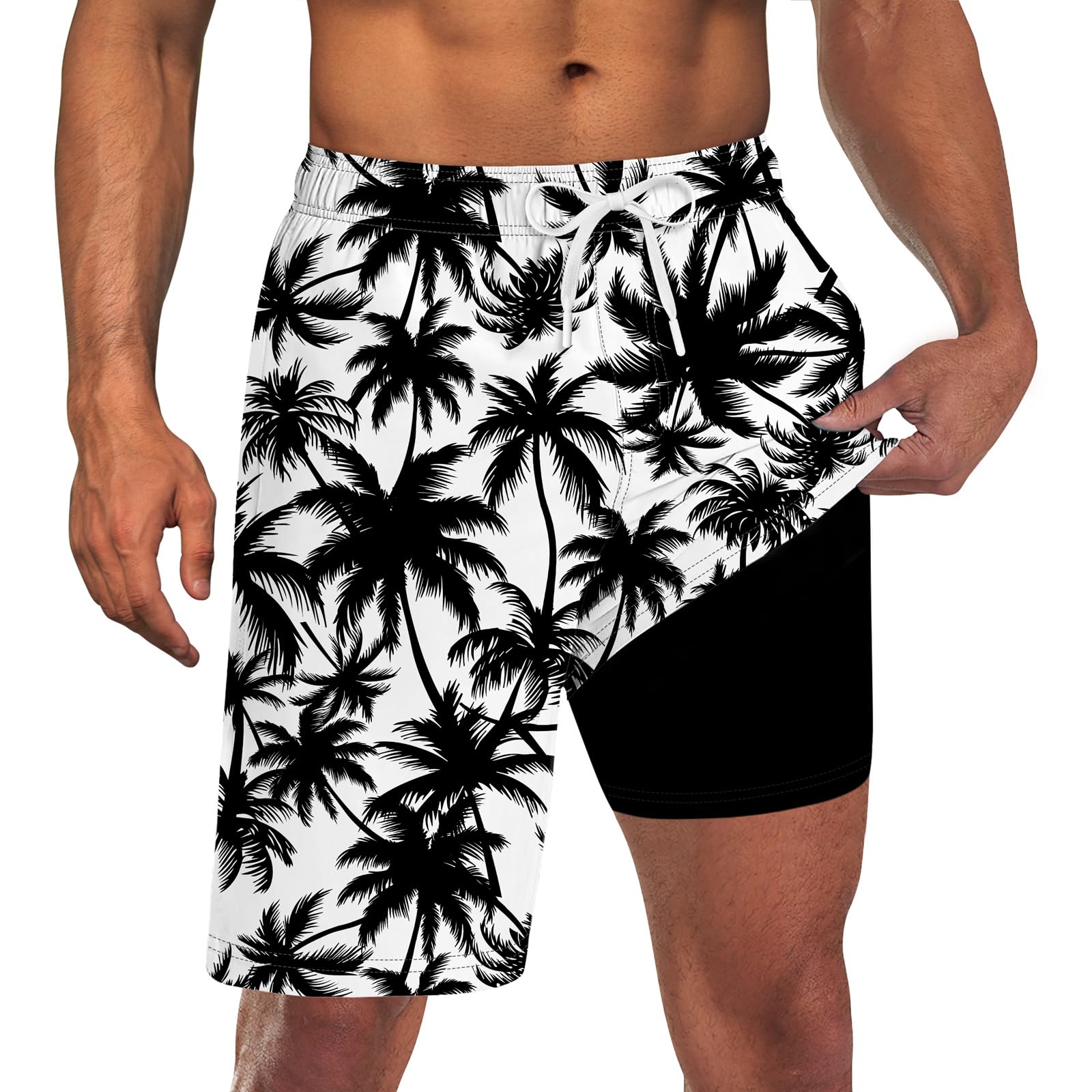 Men's black palm leaf print 2-in-1 swim trunks with built-in compression liner for swimming, pools and summer travel.