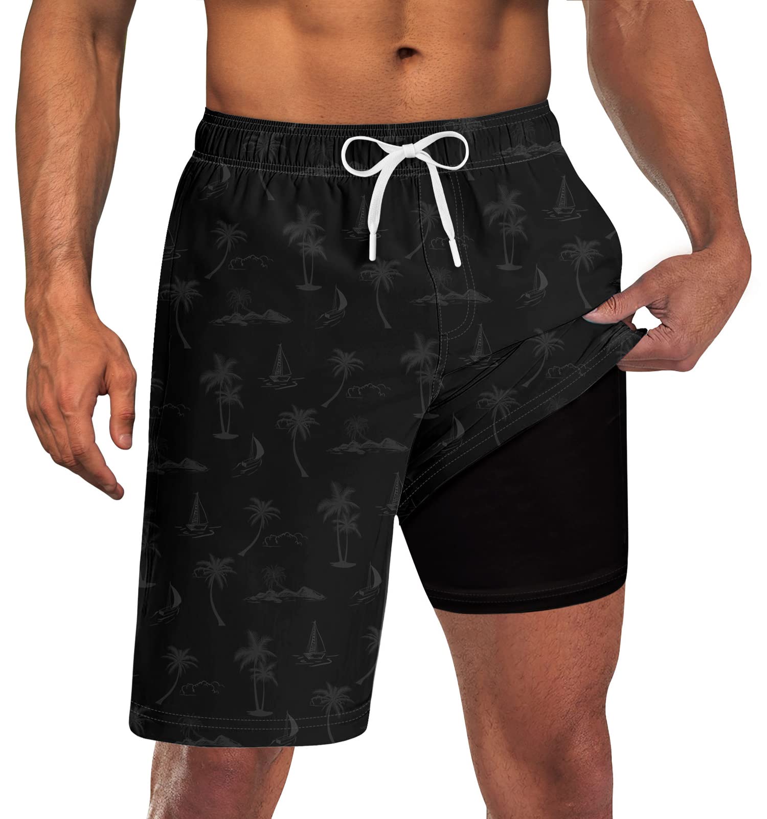 Men's black palm print swim trunks with built-in compression liner and adjustable drawstring waist for comfortable summer wear.