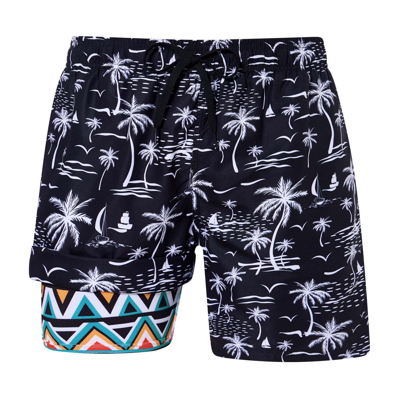 Men's black palm tree print swim trunks with built-in compression liner and tropical border design for summer beach wear.