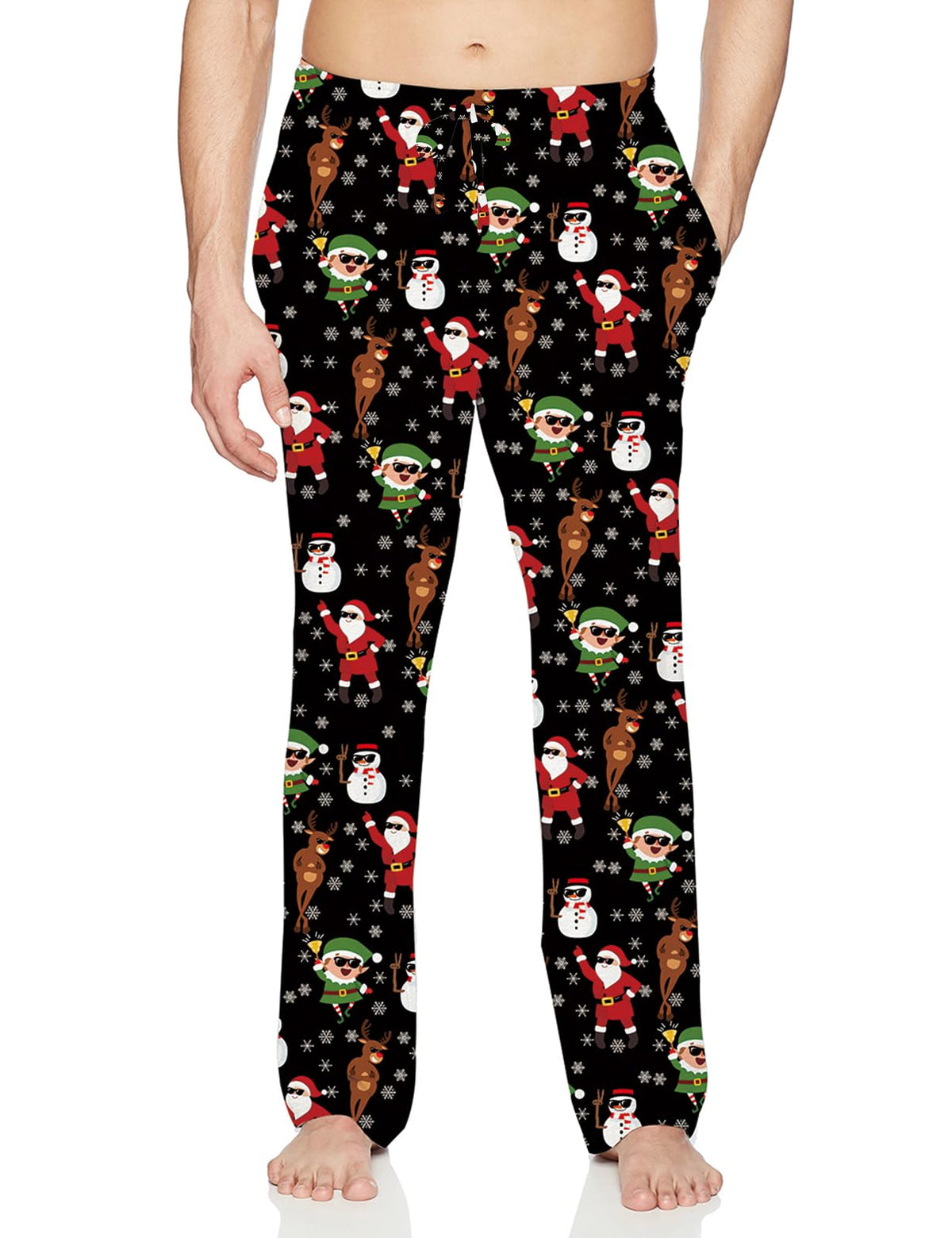 Men's black Santa Claus print pajama pants with festive Christmas graphics and comfortable full-length design for holiday nights and lounging.