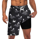 Men's black shark print 2-in-1 swim trunks with black compression liner, lightweight fabric and drawstring waistband.