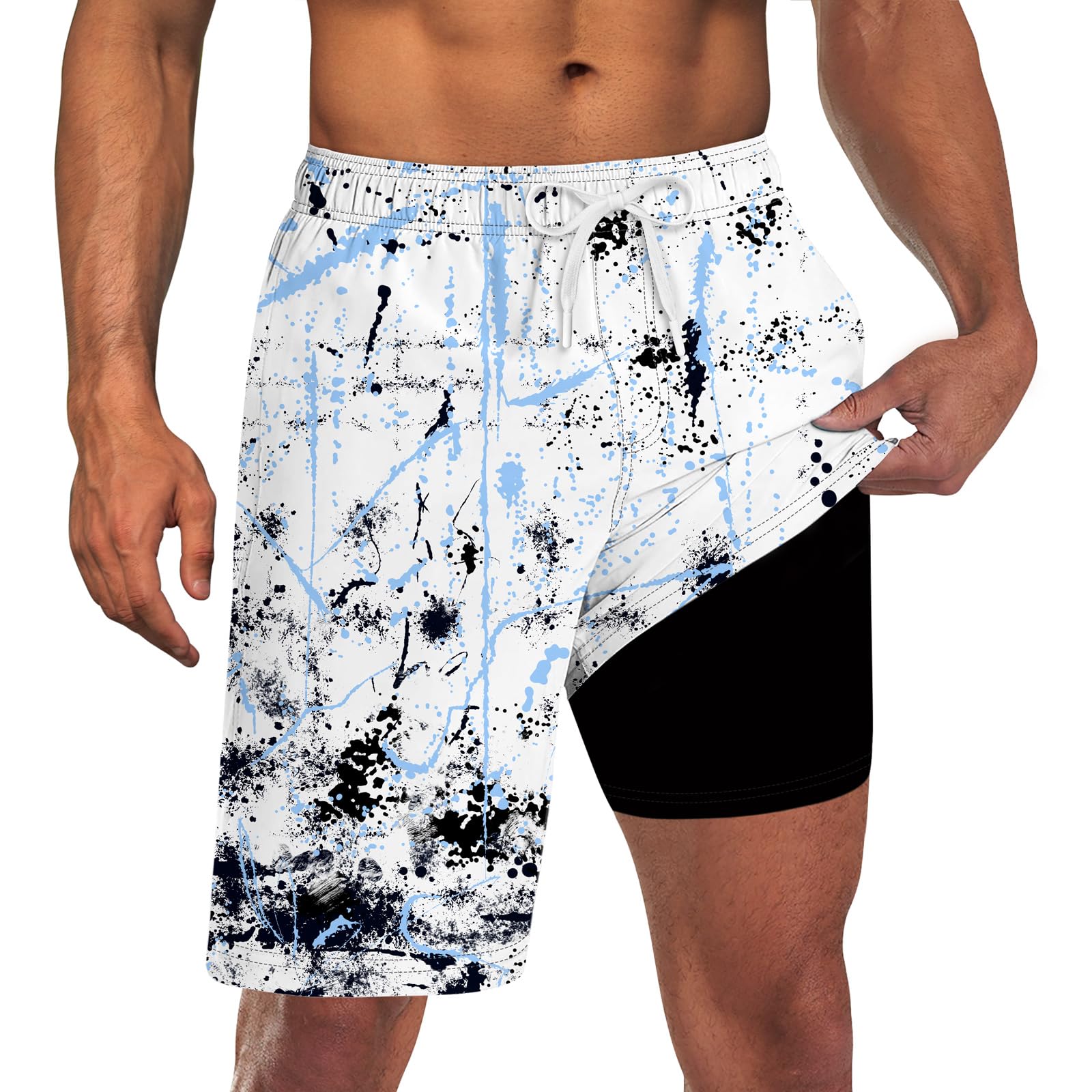 Men's black splatter print 2-in-1 swim trunks with built-in compression liner and drawstring waist for beach and pool wear.