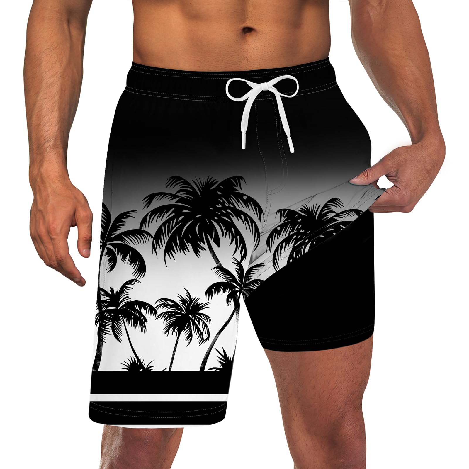 Men's black and white gradient palm print swim trunks with built-in compression liner and drawstring waist for summer activities.