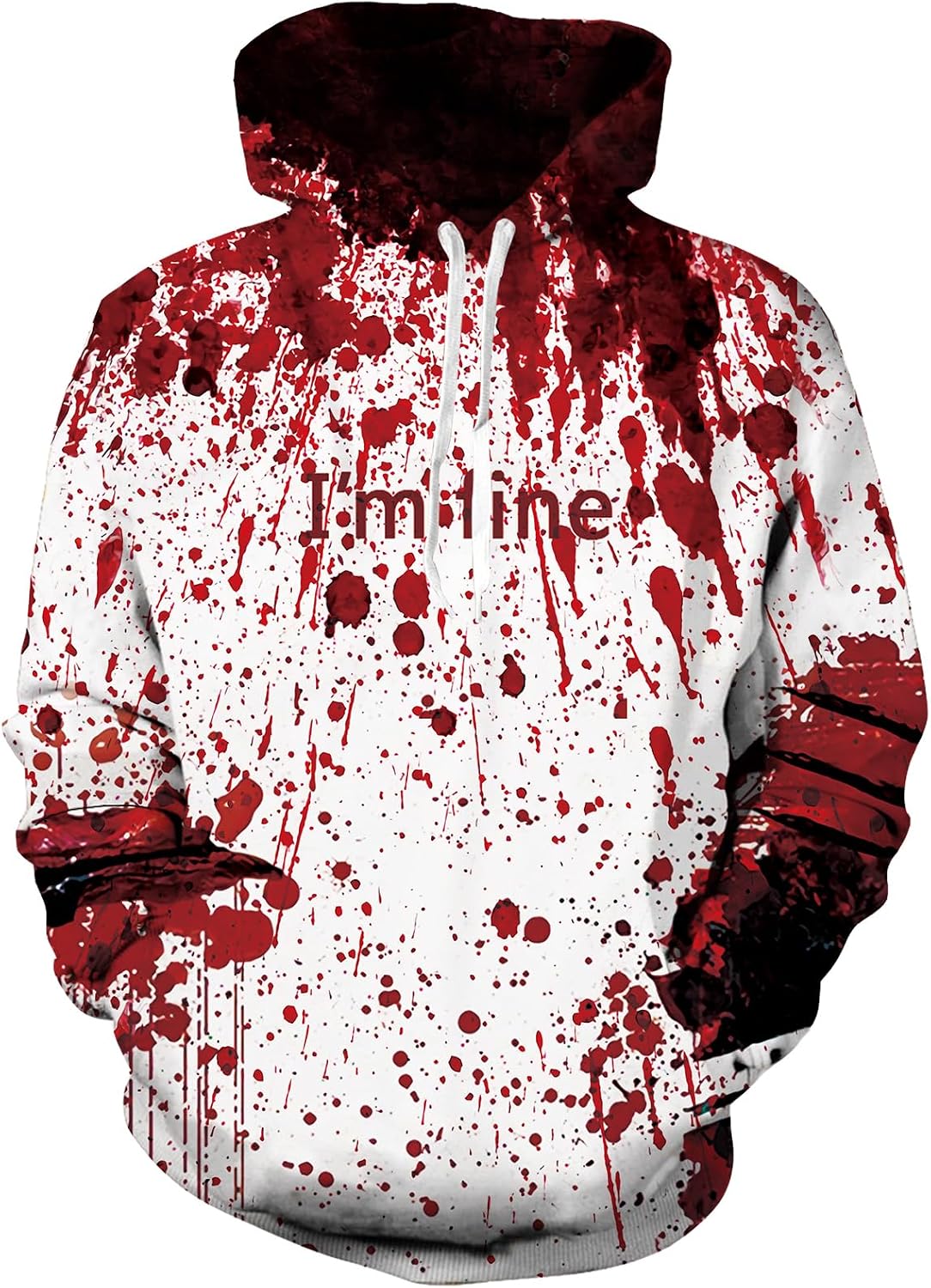 Men's Blood Splatter graphic pullover hoodie with red horror print, hooded design and long sleeves for Halloween and casual streetwear.
