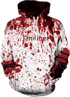 Men's Blood Splatter graphic pullover hoodie with red horror print, hooded design and long sleeves for Halloween and casual streetwear.