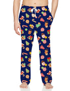 Men's blue Christmas cookie print pajama pants with playful festive graphics and relaxed full-length fit for cozy holiday sleepwear.