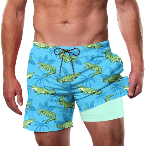 Man wearing blue crocodile print swim trunks with tropical vacation design