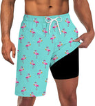 Men's blue flamingo 2-in-1 swim trunks with drawstring waist and black compression liner for beach, pool and summer wear.