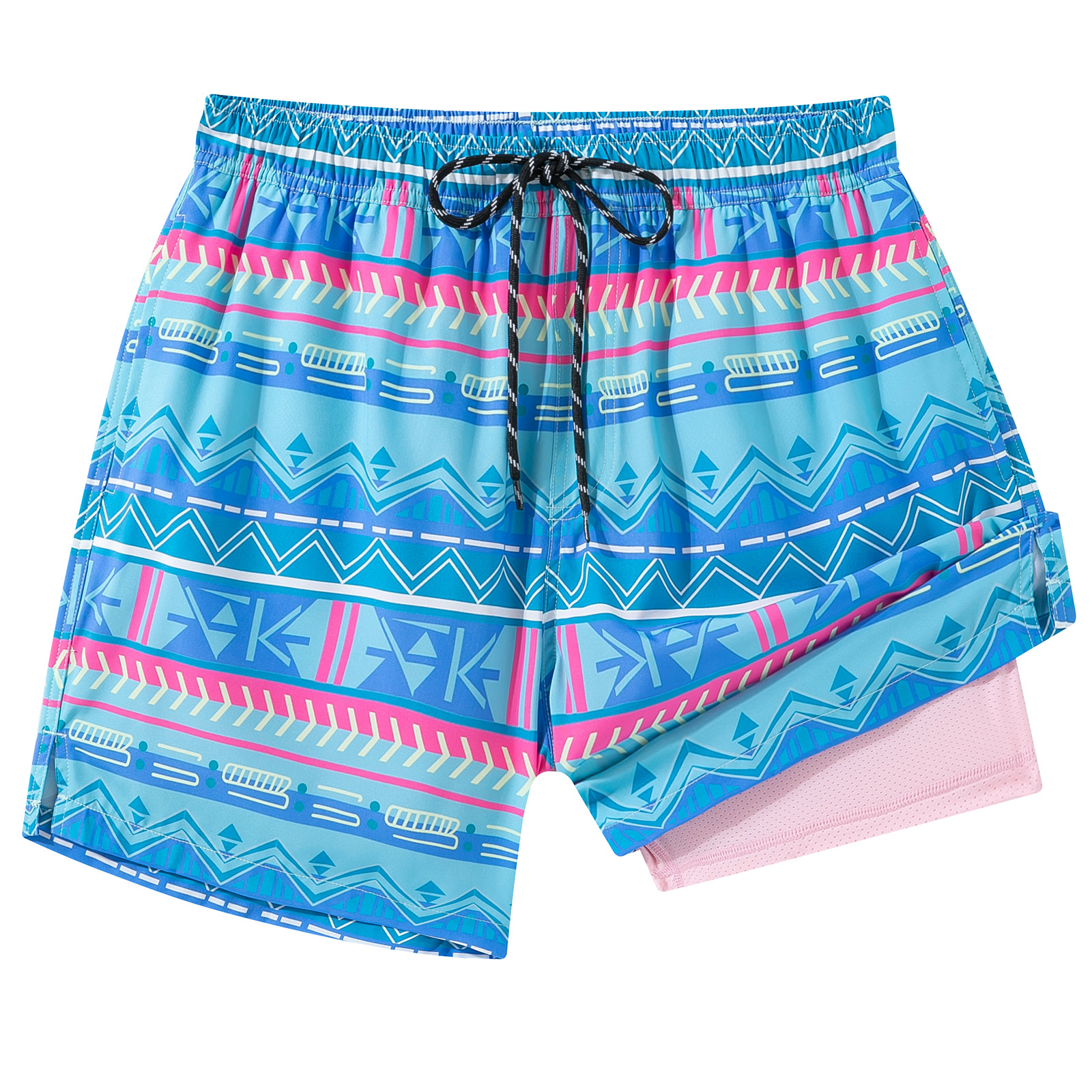 Men's blue geometric print 2-in-1 swim trunks with drawstring waist and contrast compression liner, designed for beach and pool wear.