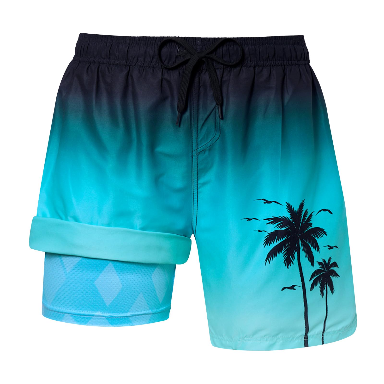 Men's blue gradient palm tree 2-in-1 swim trunks with compression liner and drawstring waist for beach and pool activities.