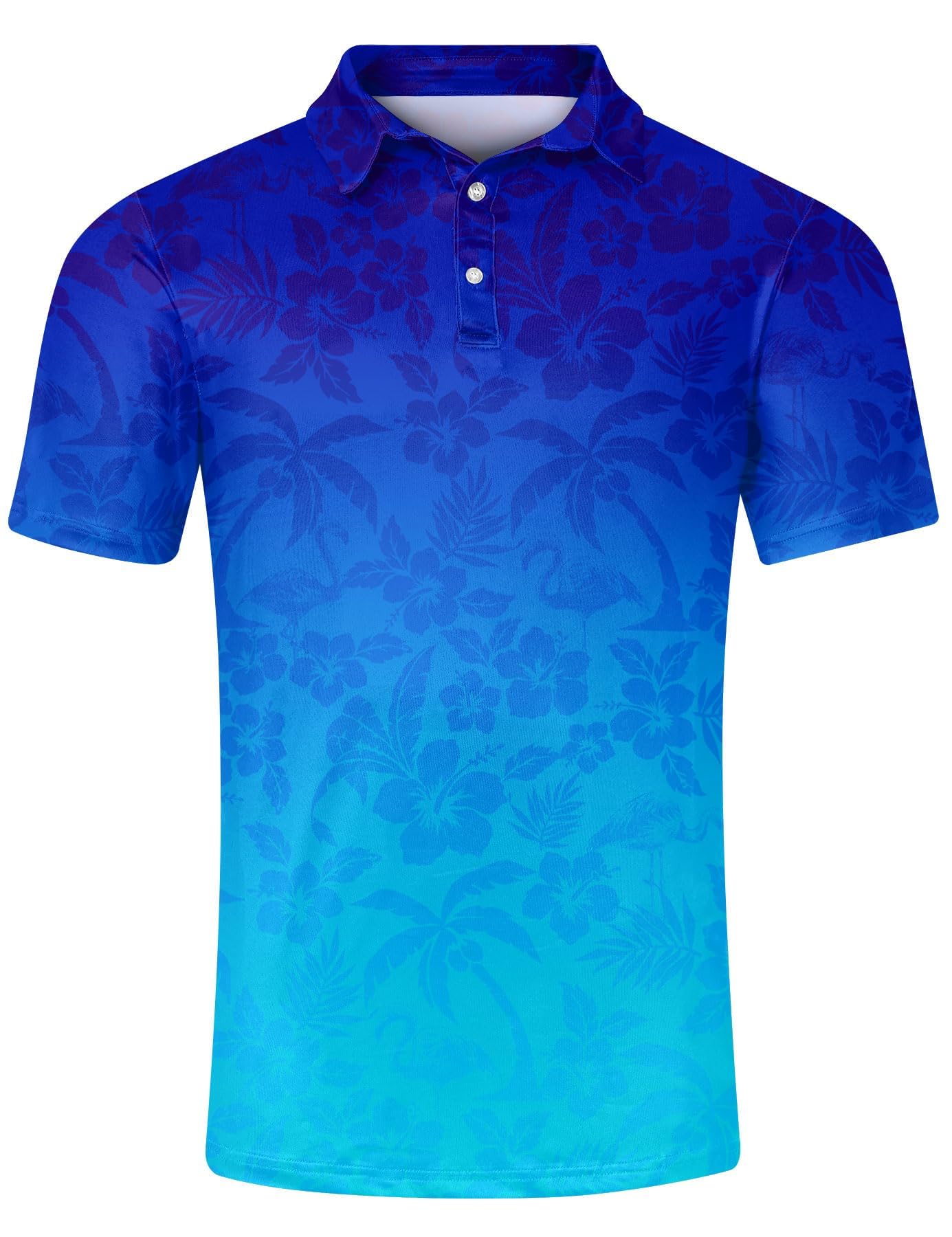 Men's blue gradient polo shirt with short sleeves and comfortable stretch fabric, versatile casual top.