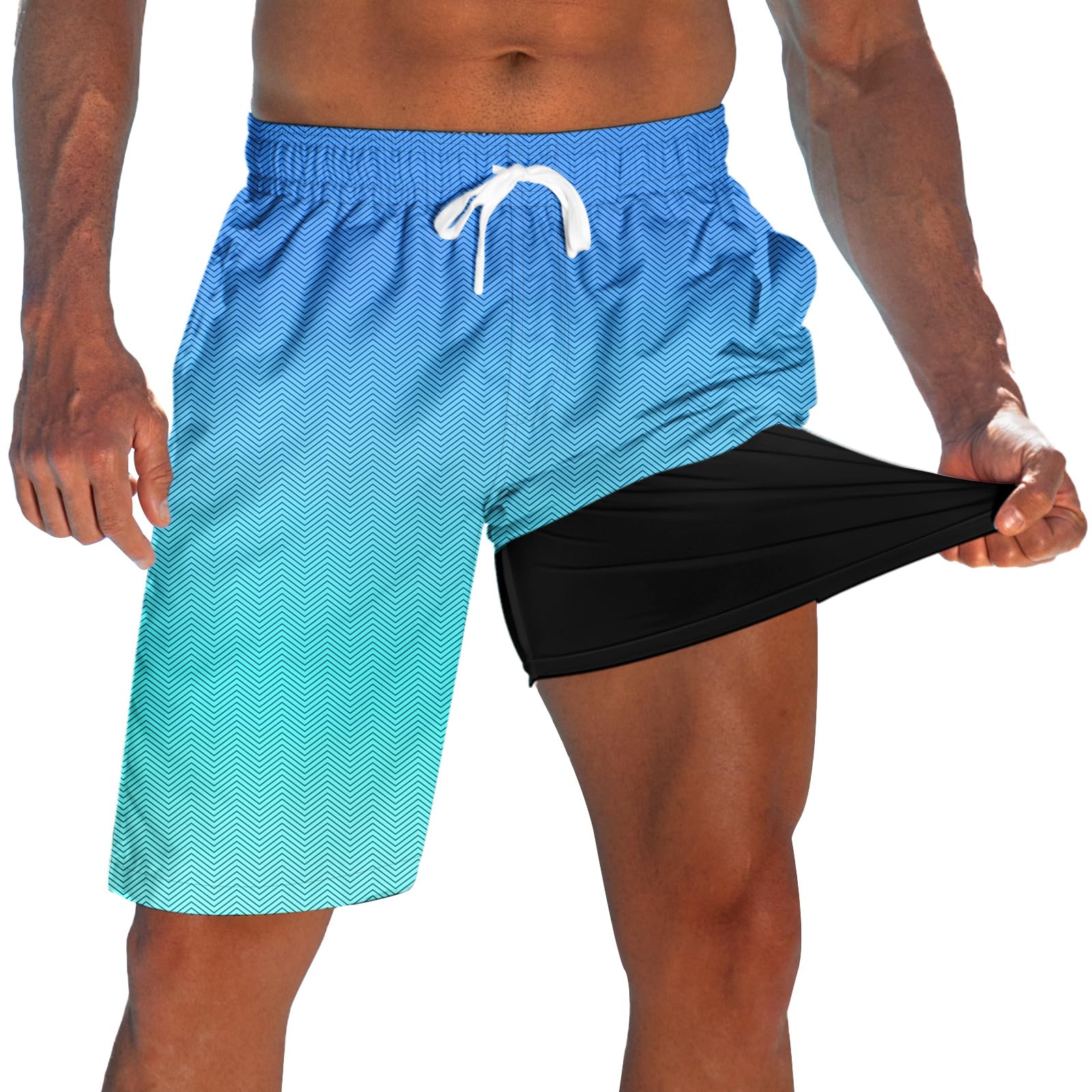Men's blue gradient 2-in-1 swim trunks with black compression liner and drawstring waist for swimming, beach trips and summer activities.