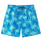 Men's blue palm tree swim trunks with 5.5 inch length, mesh liner and quick dry fabric, stylish beach shorts for summer.
