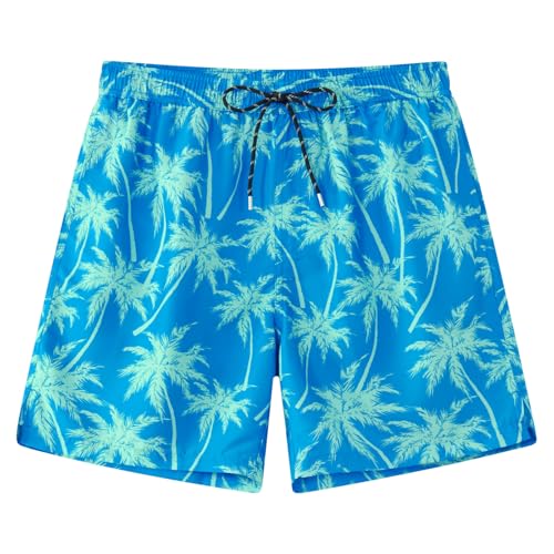 Men's blue palm tree swim trunks with 5.5 inch length, mesh liner and quick dry fabric, stylish beach shorts for summer.