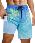 Men's blue printed swim shorts with lightweight quick dry fabric