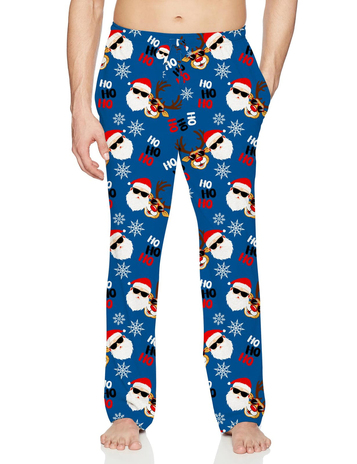 Men's blue Santa Claus print pajama pants with festive holiday graphics and comfortable relaxed fit for Christmas nights and home lounging.