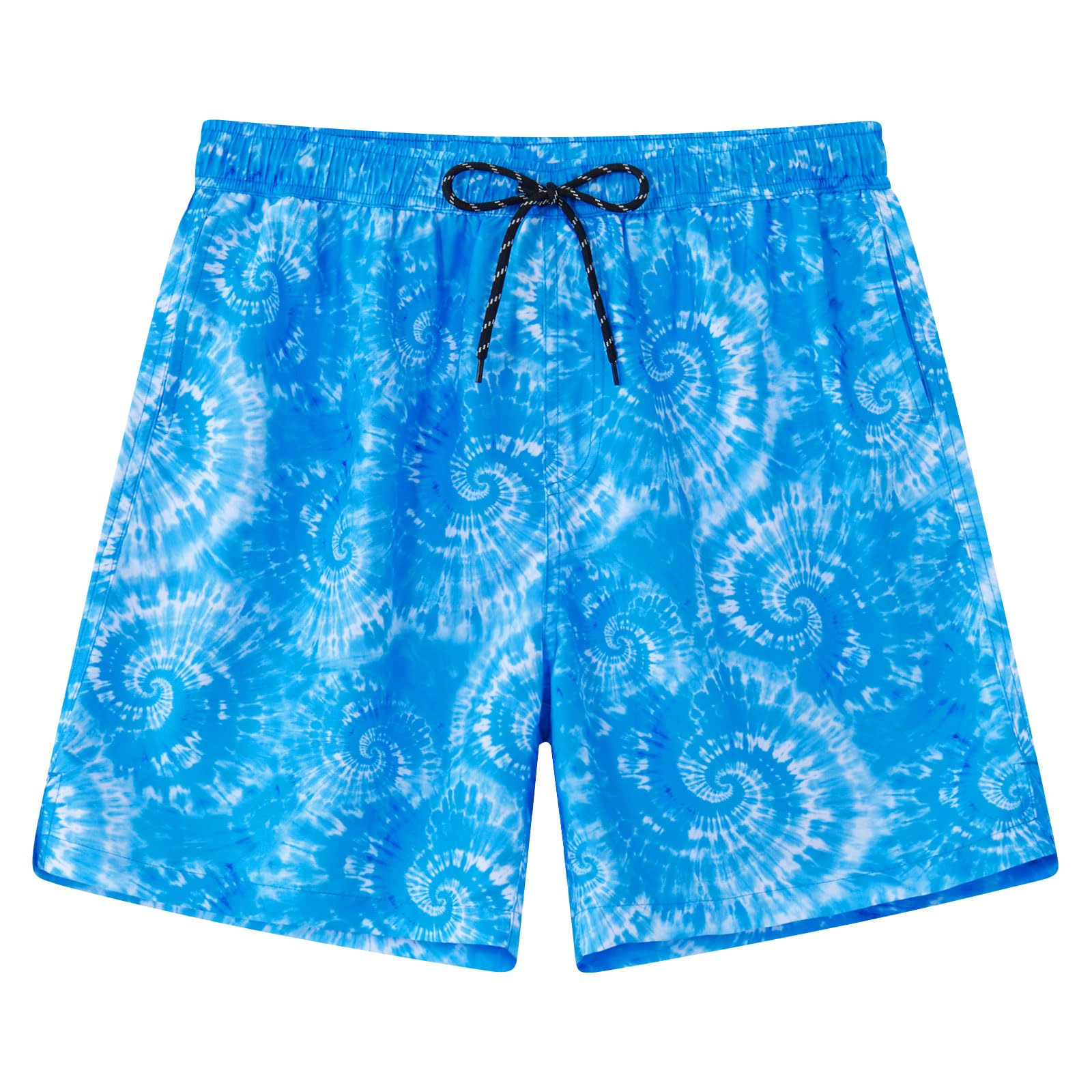 Men's blue tie dye swim trunks with lightweight fabric and breathable liner, colorful summer beach shorts.