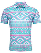 Men's blue totem printed polo shirt with short sleeves, button collar and stretch fabric, stylish casual shirt for everyday wear.