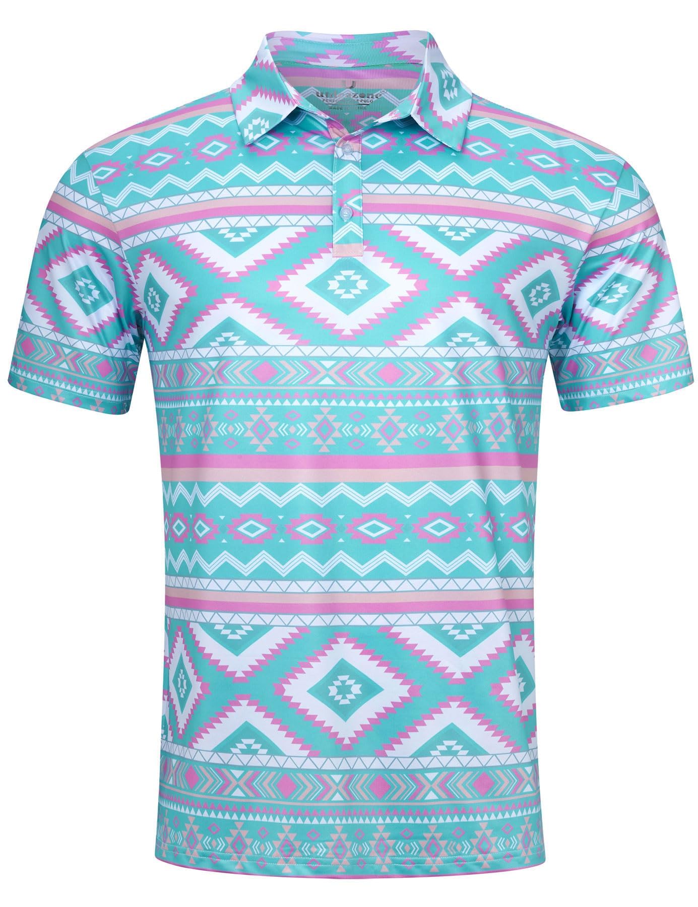 Men's blue totem printed polo shirt with short sleeves, button collar and stretch fabric, stylish casual shirt for everyday wear.