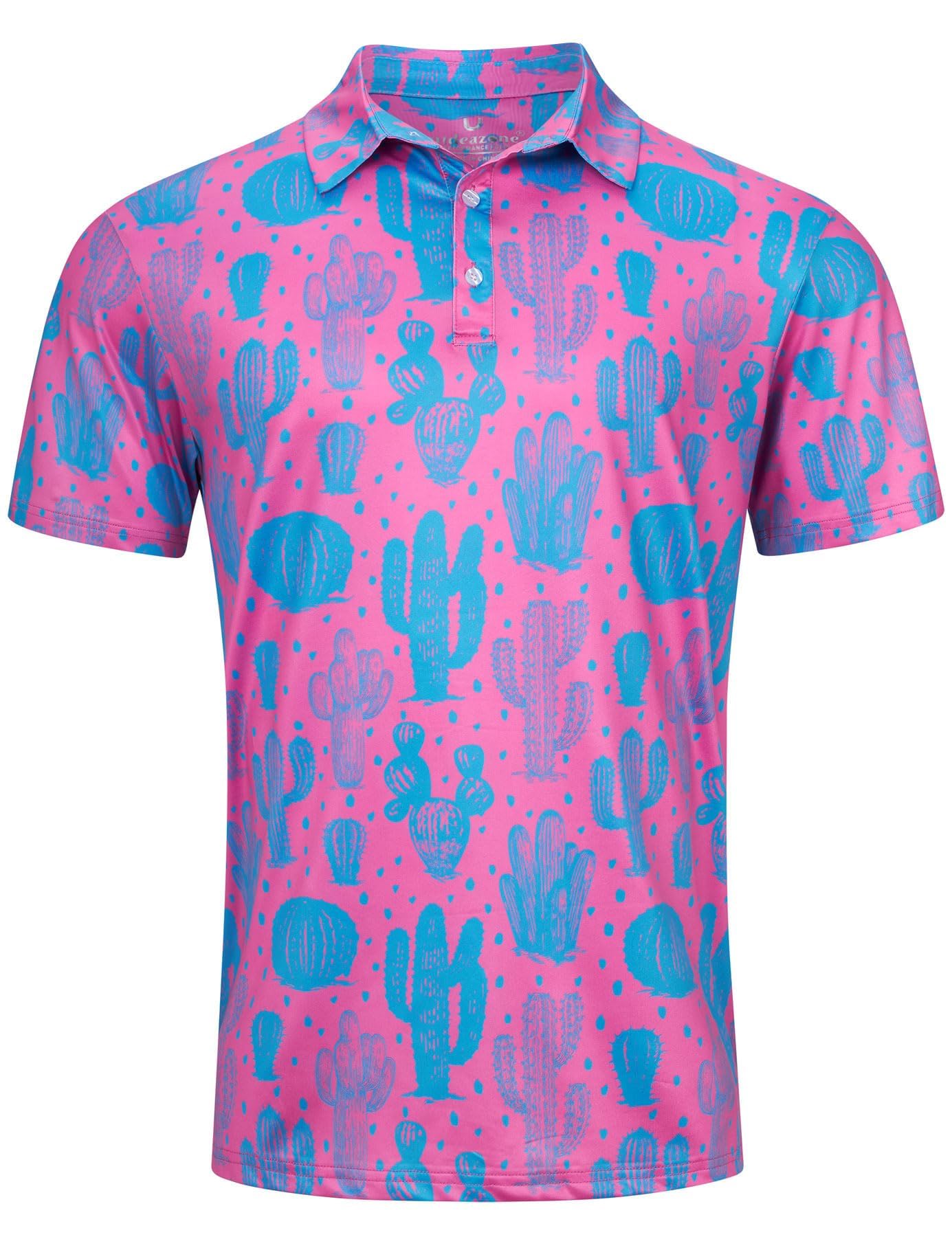 Men's cactus print polo shirt with tropical design, comfortable short sleeve shirt for casual and vacation outfits.