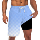 Men's light blue checkerboard 2-in-1 swim trunks with black compression liner and drawstring waist for comfortable summer wear.